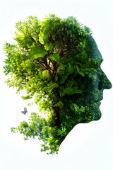 Man's head merges with lush tree, nature's embrace