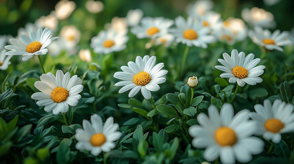 Fototapeta premium Lush meadow filled with white daisies blooming in sunlight 