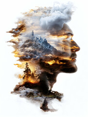 Man's Mind Mountain Landscape Double Exposure