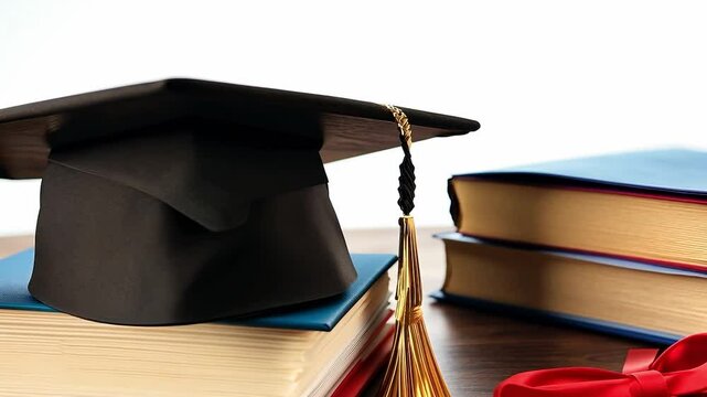 Graduation cap with tassel placed on stack of books next to additional textbooks on wooden desk. Academic achievement and higher education concept. Design for banner, poster, header, print. Studio sti