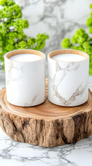 Marble containers on wooden stand, bright background