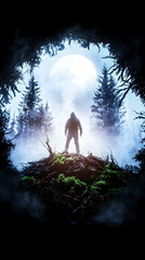 Lone Figure in Foggy Forest, Full Moon