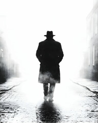 Lone Figure Walks Foggy Cobblestone Street