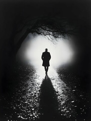 Lone Figure Walks Foggy Path at Night