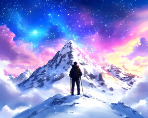 Lone hiker admires cosmic spectacle atop snowy peak