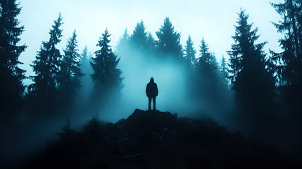 Lone Figure in Misty Mountain Forest