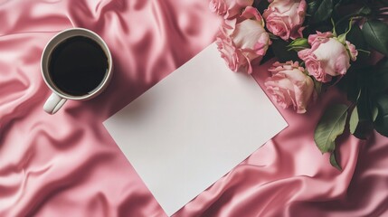 Feminine workspace featuring pink roses, coffee cup, blank paper resting on soft silk surface