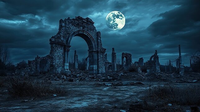 Mysterious ruins hidden in a foggy forest, where gothic architecture meets nature's relentless reclaim