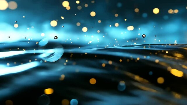A high-definition visualization of oxygen bubbles dispersing in rich blue mineral water, creating a soothing, weightless effect with glistening reflections.