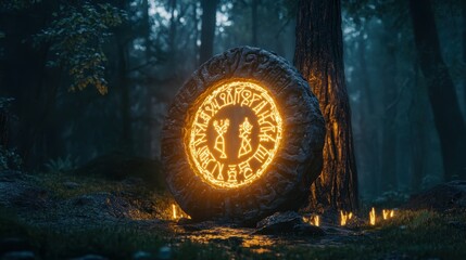 Fototapeta premium Mysterious glowing symbol shines in a dark forest at night, creating an eerie atmosphere