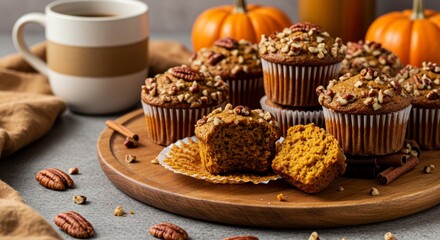 A cozy, rustic setting featuring vegan pumpkin spice muffins with a crunchy pecan topping. The muffins are arranged on a wooden platter, with a few broken open to reveal their moist texture.