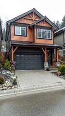 Family home on street, decorated for holidays, background trees, for real estate or moving