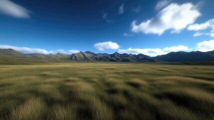 Obraz premium Vast grassy plains stretching to a mountain range under a vibrant sky