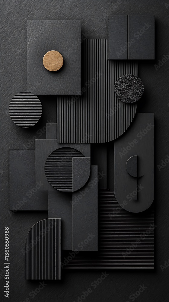Poster Abstract geometric shapes in dark gray, arranged in a complex composition, with a single pop of gold, creating a modern and minimalist aesthetic