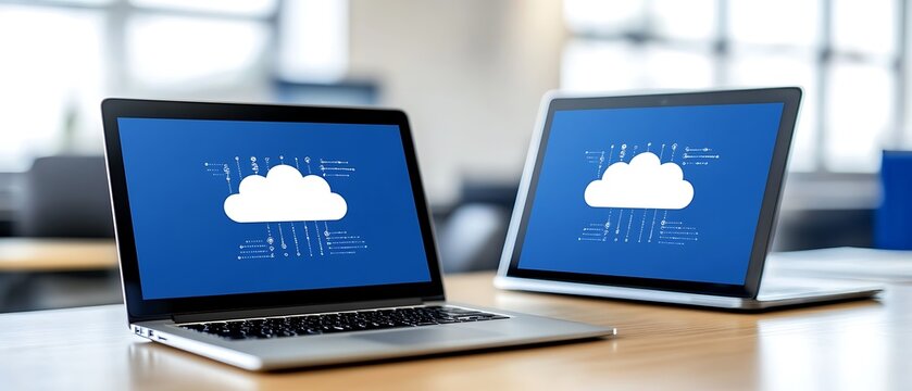 Two open laptops showing a cloud computing illustration in blue