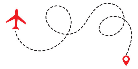 Airplane line path icon of air plane flight route. Airplane travel concept, symbol isolated on white background. Flat black airplane flying and leave a black dashed trace line. Vector. EPS10