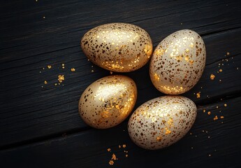Obraz premium Decorative Golden Eggs with Glittery Speckles on a Dark Wooden Background for Elegant Easter Celebrations and Festive Decor Ideas