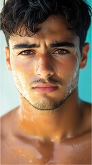 Young Man with Wet Skin, and Closeup Portrait.