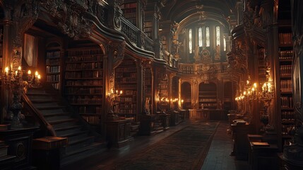 Obraz premium Grand interior of an ancient library with ornate architecture and warm candlelight in a historical building