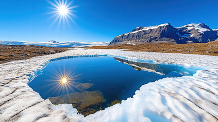 stunning landscape featuring melting glacier reflecting sun, surrounded by rocky terrain and clear blue skies. serene water pool captures beauty of nature, evoking sense of tranquility and awe