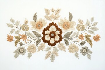 Elegant hand embroidery featuring a floral arrangement in beige, brown, and gray tones.