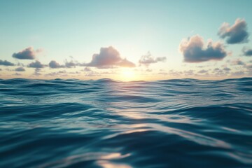 Obraz premium Tranquil ocean waves dance beneath a golden sunrise, casting reflections across the water