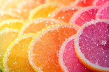 Freshly sliced citrus fruits arranged in vibrant colors with water droplets