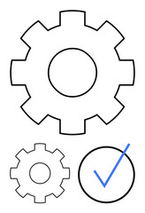 Large and small gears next to a checkmark in a circle, conveying teamwork, efficiency, progress, and reliability. Ideal for productivity, organization, planning, innovation workflow management