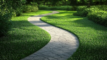 Fototapeta premium walking pathway in green park relaxing landscape wallpaper, background.