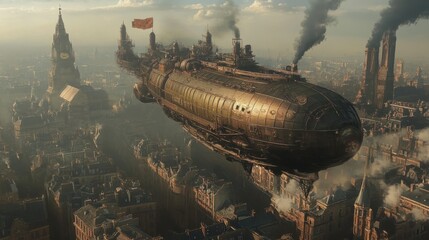 Steampunk airship gliding over a cityscape at dawn with towering buildings and smoke rising