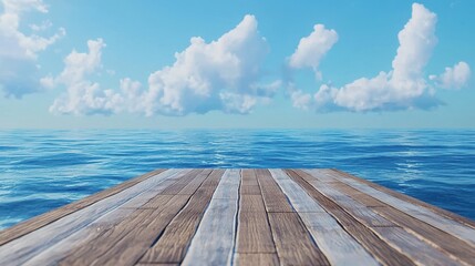 Fototapeta premium Wooden pier with blue sea and sky background.