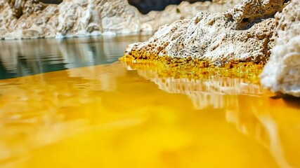 Natural thermal spring with vibrant yellow mineral deposits in a rocky landscape