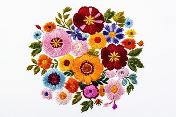 Vibrant embroidered floral bouquet featuring various colorful flowers and green leaves.