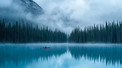 Calm morning canoeing on a misty lake surrounded by towering pine trees and mountains in the background