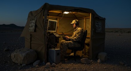 Nighttime remote military operation in desert tent setup