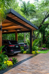 Modern carport shelter in lush tropical garden