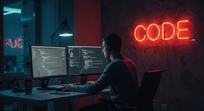 Nighttime coding session in modern office with neon code sign