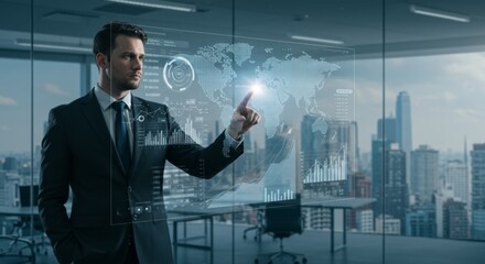 Businessman interacting with futuristic digital interface in modern office overlooking city skyline