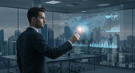 Business professional analyzing digital world map interface in modern office for global data strategy and innovation