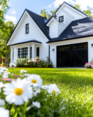 Modern farmhouse curb appeal, sunny day, flowers