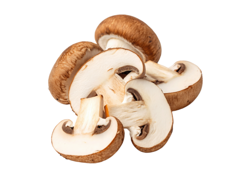 Fresh sliced mushrooms isolated on a white background, transparent PNG cutout, high-resolution clipart for food design and culinary projects