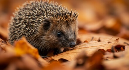 Autumn nature scene: hedgehog among fallen leaves for seasonal print design