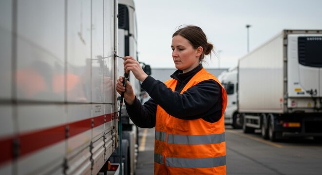 Female logistics worker securing truck in transport hub for safe cargo transport