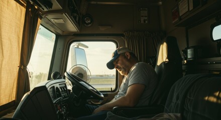 Trucker resting in cabin during sunset on a long journey