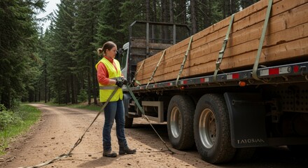 Forest transportation scene with worker securing lumber on truck in woodland setting