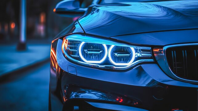 Bright blue headlights illuminate a sleek car parked on a city street at night, showcasing modern automotive design and craftsmanship