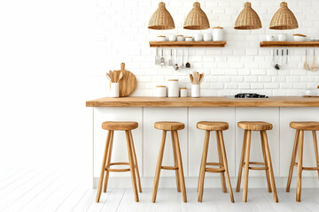 Modern kitchen island with wooden stools and white brick wall