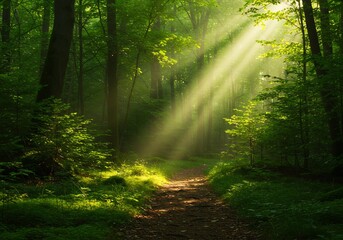 Fototapeta premium Sunbeams illuminate a forest path peaceful morning scene. AI Generated