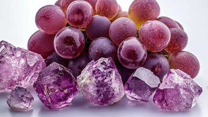 A macro shot of fresh purple grapes covered in natural white bloom, emphasizing freshness and organic appeal.
