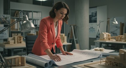 Female architect analyzing building blueprints in modern office setting